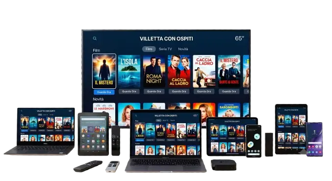 A collection of electronic devices including a smart TV, laptops, tablets, smartphones, streaming boxes, and remotes—displaying the same media streaming app UI with movie posters. The web address '4kiptvservice.net' is at the top on a transparent background