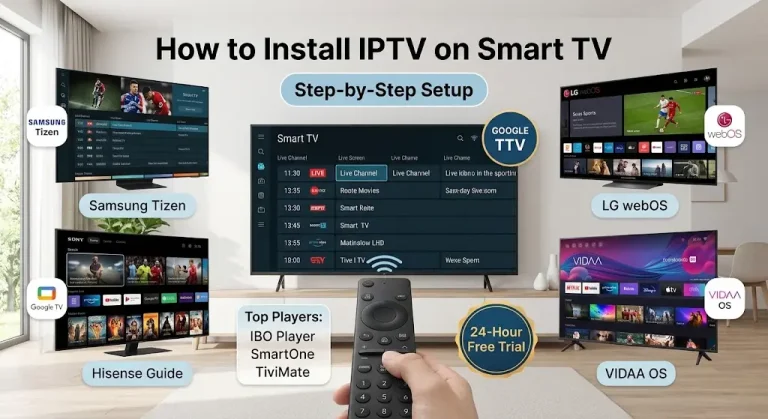 Infographic guide explaining how to install and configure IPTV apps on Samsung, LG, Sony, Hisense, and Vizio Smart TVs.