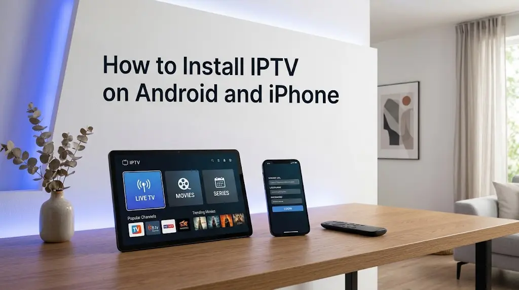 Step-by-step setup guide showing the IPTV Smarters interface running side-by-side on an Android tablet and an iPhone screen.