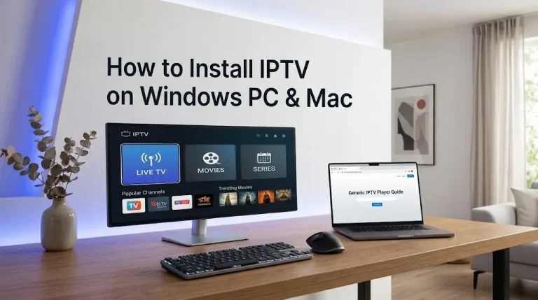 Setup guide showing an IPTV player desktop application running on a Windows PC and Mac computer screen.